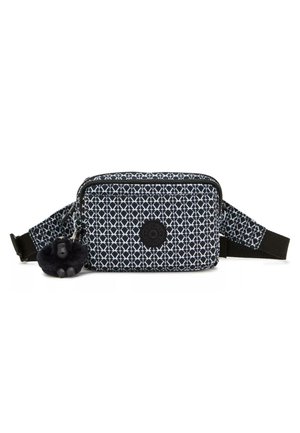Black and white patterned bag with rectangular shape, zip closure, adjustable strap, and a black fur pom-pom keychain accent.