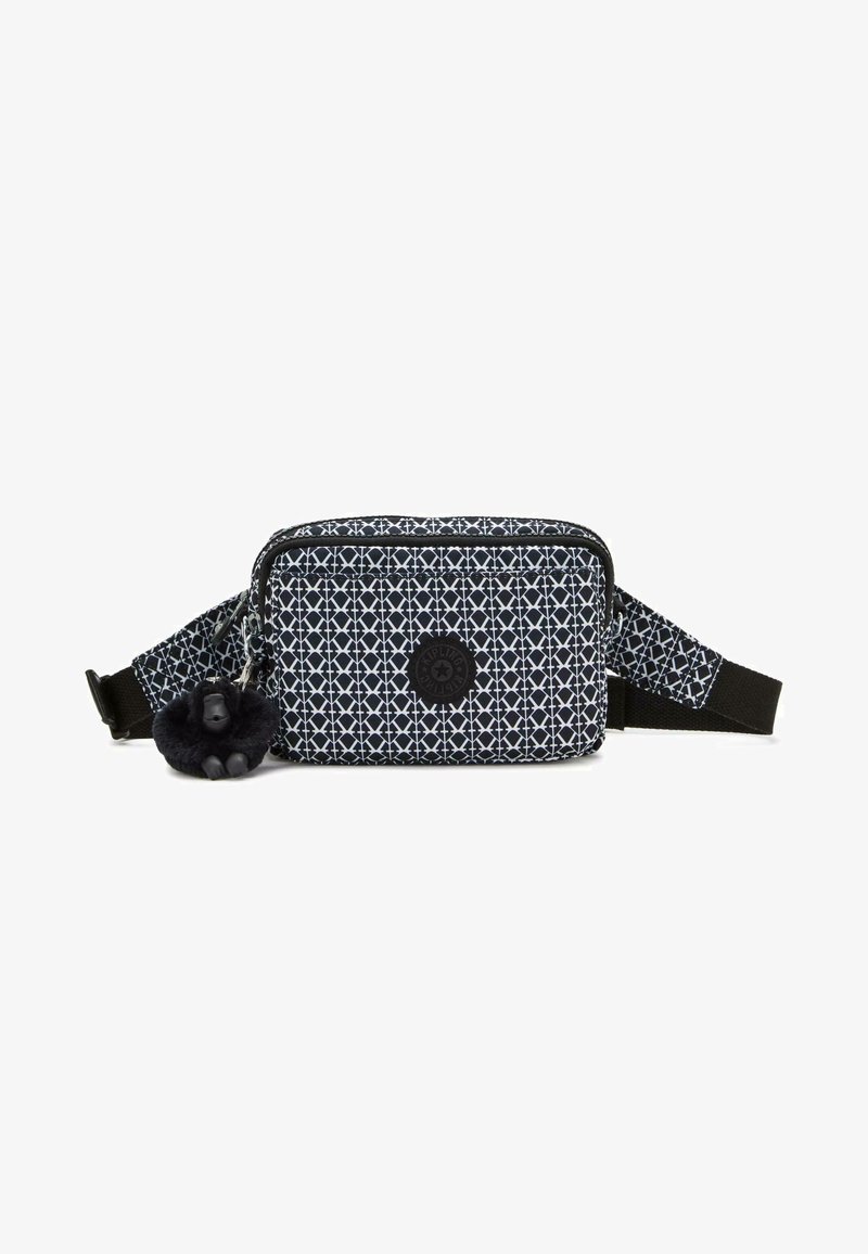 Black and white patterned bag with rectangular shape, zip closure, adjustable strap, and a black fur pom-pom keychain accent.