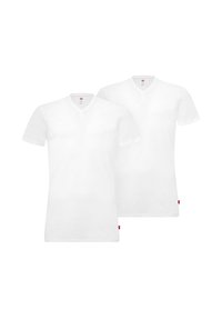 Hvide V-hals t-shirts lavet af bomuldsblandet stof. Korte ærmer, almindelig pasform, med en diskret rød label ved kanten. Pakke med to stykker.