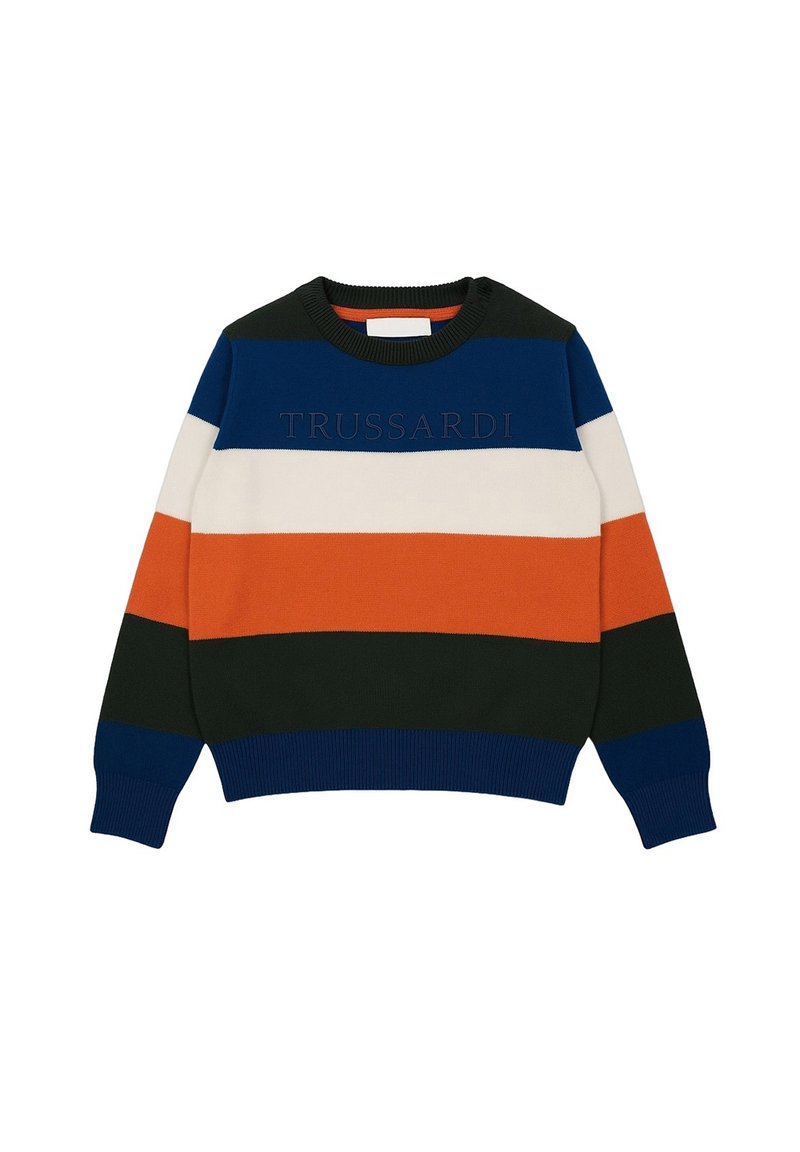 Maglione a maglia con righe orizzontali multicolori: blu, verde, bianco, arancione e nero. Presenta un collo a giro e il logo ricamato "TRUSSARDI".