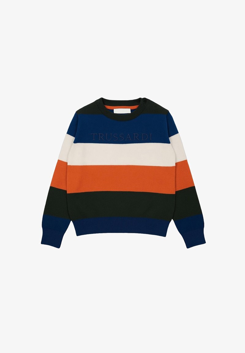 Maglione a maglia con righe orizzontali multicolori: blu, verde, bianco, arancione e nero. Presenta un collo a giro e il logo ricamato "TRUSSARDI".