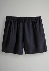 Pantaloni corti leggeri blu navy con vita elastica e cordoncino. Presentano un tessuto testurizzato e tasche laterali.