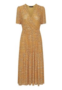 Vestido midi color mostaza con mangas cortas abullonadas, escote en V cruzado, cintura fruncida y pequeño estampado de flores blancas.