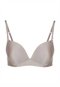 Soutien-gorge beige côtelé avec armatures, bonnets légèrement rembourrés, bretelles réglables et fermeture à agrafes. Texture lisse offrant une silhouette épurée.