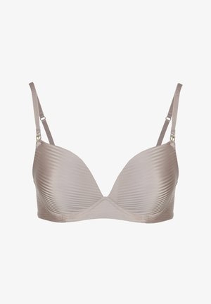 Béžová žebrovaná podprsenka s kosticemi, lehce vyztužené košíčky, nastavitelné ramínka a zapínání na háček. Hladká textura, poskytující hladký a elegantní tvar.
