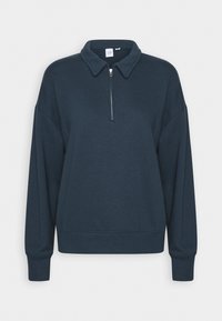 Felpa blu navy con collo a zip frontale, maniche lunghe e polsini a costine, realizzata in tessuto morbido e strutturato. Design semplice e vestibilità comoda.