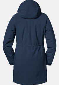 Marineblaue, wasserdichte lange Jacke mit Kapuze, elastischem Bund und elastischen Ärmelbündchen. Glattes Material mit einem sauberen, minimalistischen Design.