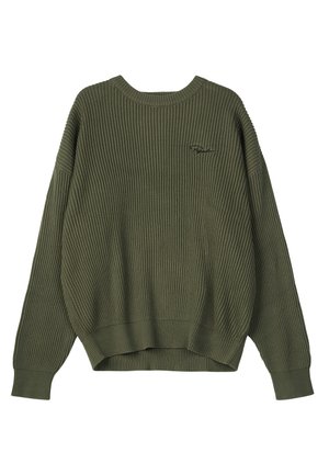 Olive green ribbed knit sweater with a crew neckline, dropped shoulder seams, and a small logo in black on the upper front.