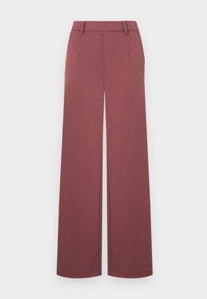 Wide-leg trousers in a burgundy color. Made of smooth fabric with a tailored waistband and front pleats, featuring no visible hardware.