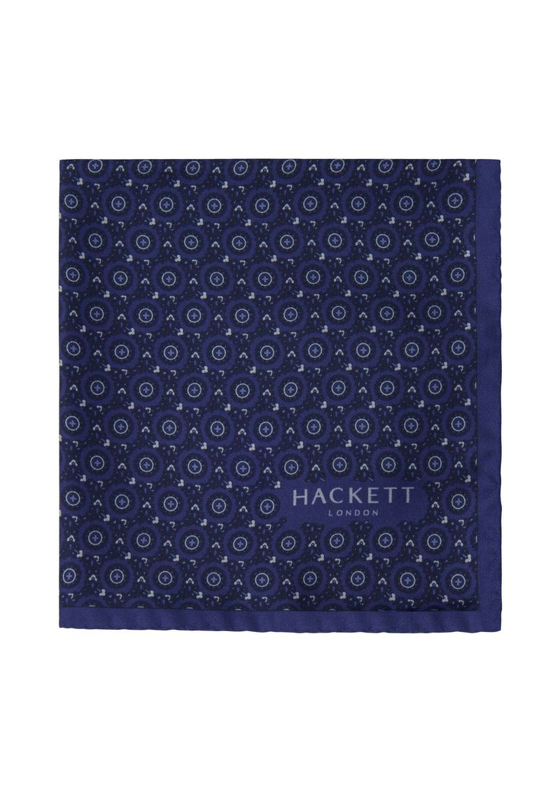 Pañuelo de bolsillo azul marino con un patrón circular en tonos de azul claro y blanco. Con borde en azul marino sólido. Presenta "Hackett London" impreso en la parte inferior.