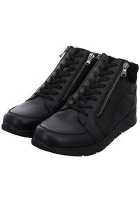 Zwarte leren enkelbotten met een gestructureerde afwerking, voorzien van dubbele zijritsen, traditionele veters en een gevoerde zool voor comfort.