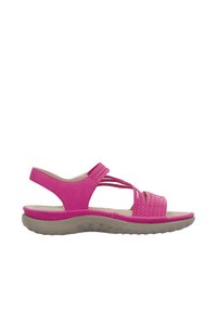 Pink sandals with elastic straps and a padded footbed. Features a textured tan sole with a slight heel. Side view, lightweight design.