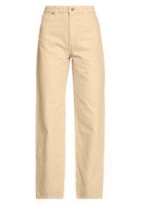Pantalones beige de pierna ancha confeccionados en algodón, con cierre frontal de botón, diseño de cinco bolsillos y corte recto. Textura suave.