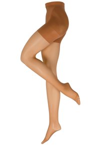 Durchsichtige, beigefarbene Kniestrümpfe mit glatter Textur, hohem Taillendesign und einer verstärkten Bandoberkante für einen sicheren Halt.