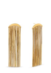 Pendientes en tono dorado con una parte superior curva y una larga borla de cadena que cae, para un aspecto dinámico. Textura suave; diseño ligero.