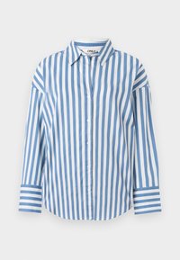 Striped button-up shirt in light blue and white, featuring a classic collar, long sleeves with contrasting cuffs, and a slightly curved hem.