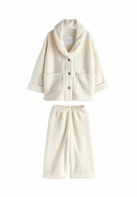 Cremefarbener, flauschiger Fleece-Loungewear-Set mit Jacke zum Knöpfen, die große Taschen aufweist, und passenden, weiten Hosen mit elastischem Bund.