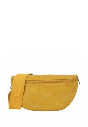 Geel textuurstof crossbodytas met ritssluiting en brede verstelbare band met sierlijk merklogo.