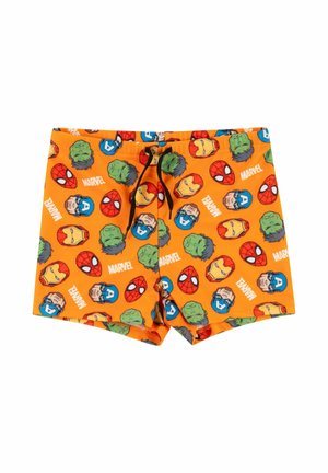 Orange swim shorts featuring repeated colorful Marvel superhero faces including Spider-Man, Hulk, Iron Man, and Captain America with black drawstring.