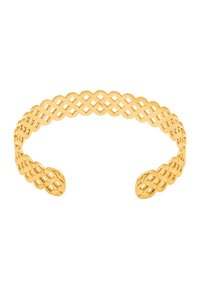 Bracciale a manica in oro con design intrecciato, estremità aperte e superficie testurizzata. Leggero e flessibile con una finitura lucida.