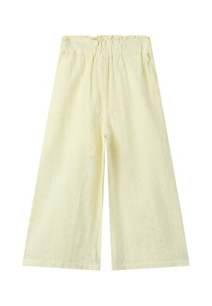 Gelbe Hose mit weitem Bein, elastischem Bund und dezentem Lochstickmuster mit Blumenmotiv, entworfen für eine lockere, bequeme Passform.