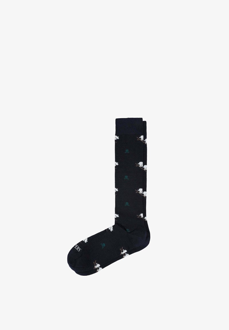 Chaussettes navy ornées d'un motif de fleurs blanches et d'accents verts, fabriquées à partir d'un matériau doux, avec un renfort à la pointe et au talon.