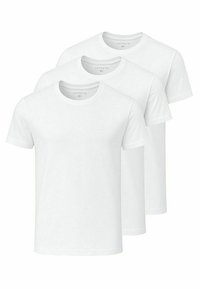 Drei weiße Kurzarm-T-Shirts aus Baumwolle mit einem runden Ausschnitt und einem kleinen Markenlogo auf der oberen linken Seite jedes Shirts.