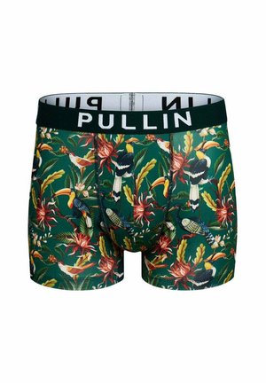 Boxers pour hommes avec un imprimé tropical vert présentant des oiseaux et des fleurs colorés, et une ceinture noire avec texte blanc "PULLIN".