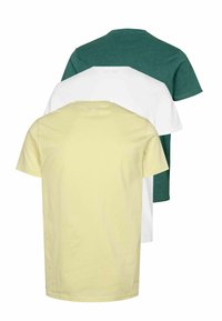 Tris marškinėlių, išdėstytų atbulai: žali, balti ir geltoni. Kiekvieni turi apvalų kaklą ir trumpas rankoves, pagaminti iš medvilnės.