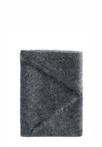 Graue Wolldecke mit weicher, strukturierter Oberfläche. Mit gefaltetem Eckdesign und quadratischer Form. Minimalistisch und einfarbig.