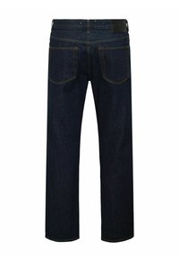 Jeans en denim bleu foncé avec une coupe droite, ornés de coutures jaunes, de deux poches arrière et d'une étiquette de taille noire.