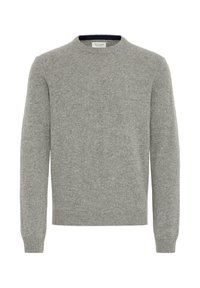 Grå tröja med rund halsringning, gjord av mjukt stickat tyg, med långa ärmar och ribbade mudd- och fållkanter. Enkel, klassisk design överlag.