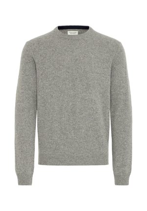 Suéter gris de cuello redondo hecho de tela de punto suave, con mangas largas y puños y dobladillo acanalados. Diseño sencillo y clásico en general.