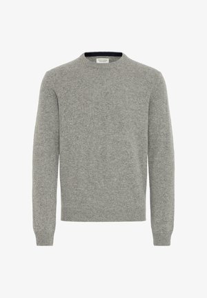 Suéter gris de cuello redondo hecho de tela de punto suave, con mangas largas y puños y dobladillo acanalados. Diseño sencillo y clásico en general.