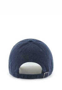 Navy blue cotton baseball cap with a rounded crown, adjustable metal buckle, and contrasting stitching on the visor and back opening.
