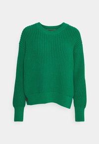 Pull en tricot vert avec un motif texturé, encolure ras du cou, manches longues et un ourlet légèrement court. Comprend un détail en bouton marron.