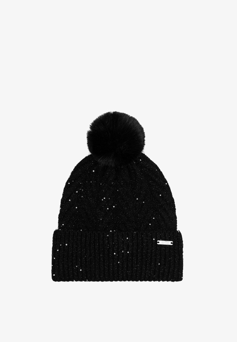 Czapa z czarnej przędzy, z teksturowanym wzorem, ozdobiona małymi cekinami i zakończona dużym, czarnym sztucznym pomponem.