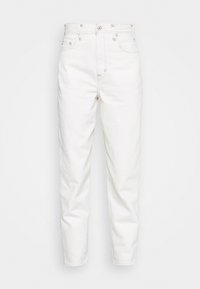 White denim jeans with a straight-leg cut, featuring a high waist, front button closure, and five-pocket design. Smooth texture, no patterns.