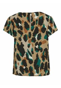 Blusa a maniche corte in tessuto beige caratterizzata da una stampa leopardata multicolore con accenti verdi, marroni e neri; include un dettaglio a occhiello sul retro.