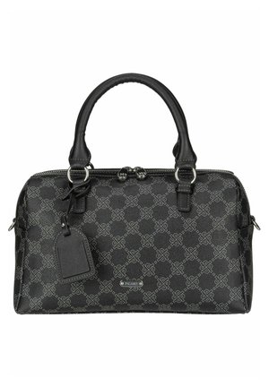 Schwarze Lederhandtasche mit einem gemusterten Design, doppelten Griffen, silbernem Beschlag und einem rechteckigen Etikett mit Logo-Detail. Reißverschlussverschluss.