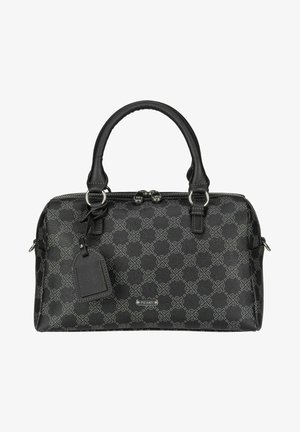 Black leather handbag featuring a patterned design, dual handles, silver hardware, and a rectangular tag with logo detail. Zipper closure.