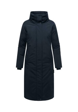 Cappotto lungo blu scuro con colletto alto, caratterizzato da bottoni a pressione, maniche raglan e tasche laterali. Tessuto liscio con leggera imbottitura.