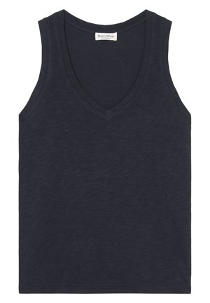Granatowy bezrękawnik z dekoltem w kształcie litery V. Wykonany z miękkiego materiału, o delikatnej fakturze i starannie wykończonych krawędziach.
