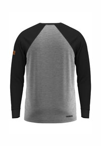 Graues Langarmshirt mit schwarzen Raglanärmeln, Rundhalsausschnitt und einem kleinen Logoakzent auf dem linken Ärmel. Glatte Textur.
