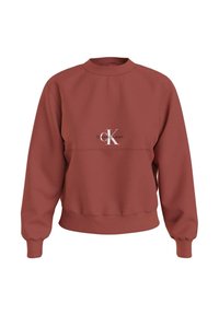Sweatshirt i rustfarve med rund hals, lange ærmer og ribbede manchetter. Har en hvid logo på brystet. Fremstillet af blødt stof.