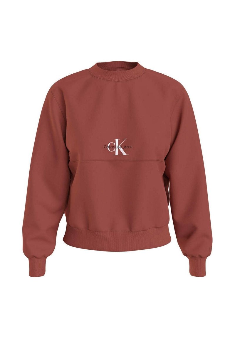 Sweatshirt i rustfarve med rund hals, lange ærmer og ribbede manchetter. Har en hvid logo på brystet. Fremstillet af blødt stof.