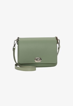 Grøn læder crossbody taske med klaplukning, sølvhardware og justerbar rem. Glat tekstur, minimalistisk design og slank form.