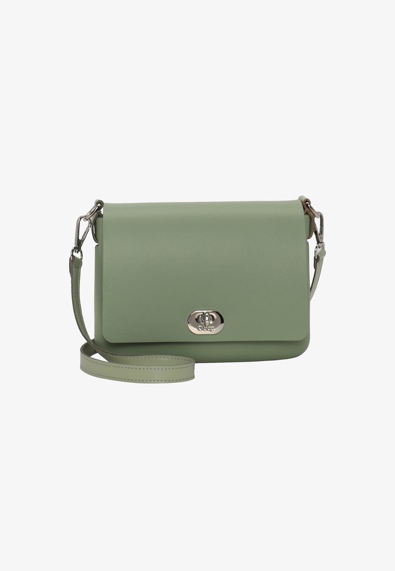 Borsa a tracolla verde in pelle con chiusura a patta, hardware in argento e tracolla regolabile. Texture liscia, design minimalista e forma elegante.