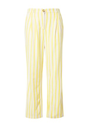 Pantalones a rayas en amarillo claro y blanco. Material de algodón, corte recto con un ligero brillo. Presentan un botón frontal y dos pliegues.