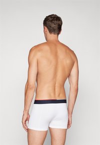 Boxer-briefs blancs avec une taille sombre portant le logo "TOMMY HILFIGER". Tissu lisse, design ajusté et coupe mi-longue. Pas de motifs visibles.